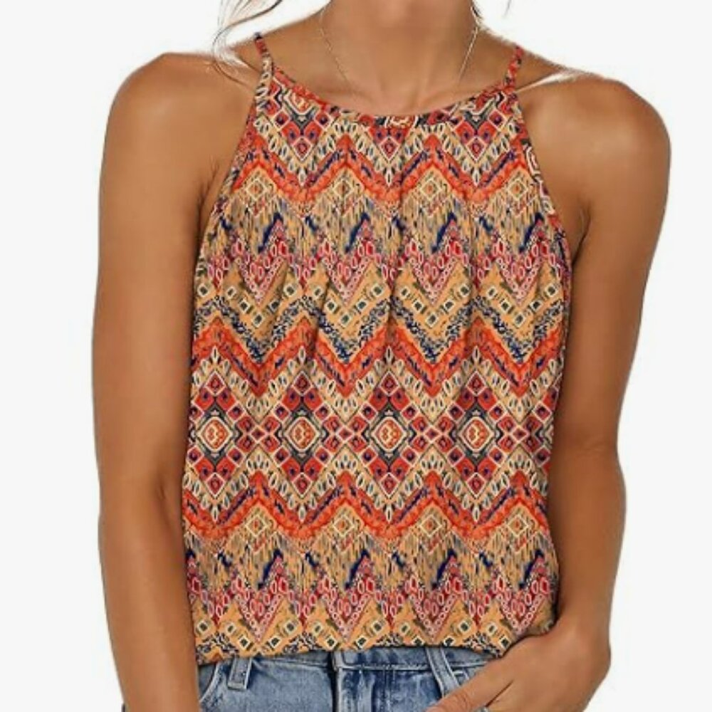 Boho Pleated Tank Tops Spaghetti Strap Camisole Halter Tops Curved Hem - Med